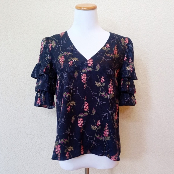 Rebecca Taylor navy blue floral silk blend ruffle sleeve blouse - Picture 5 of 15